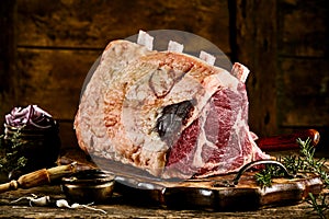 Piece of rib cote de boeuf beef with fat photo