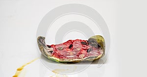 Piece of ripe watermelon rots on white background, time lapse, educational cognitive video