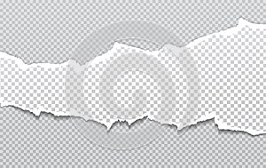 Piece of ripped white paper strip with torn edges and soft shadow for text is on squared background. Vector illustration