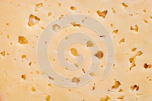 A piece of Russian cheese with holes close-up.