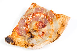 Piece of salami pizza isolated on white background, Top view with clipping path