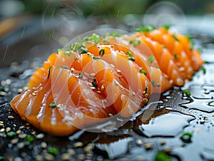 A piece of salmon is sliced and garnished with parsley