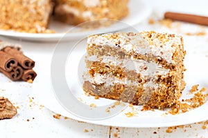 Piece of sliced gourmet carrot cake dessert with