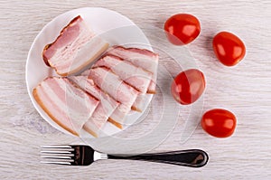 Piece, slices of brisket in plate, fork, tomato cherry on table. Top view