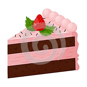 A piece of strawberry cake with pink cream  decorated with strawberries. Sweet  unhealthy food. Sweet pastries  dessert  treats.