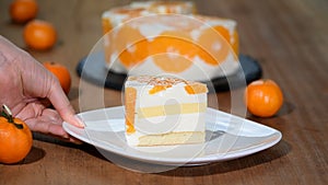Piece Tangerine Mousse Cake. Orange mousse cake.