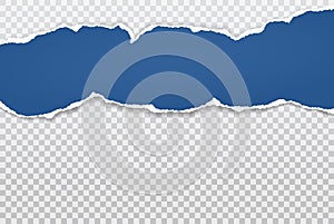 Piece of torn blue horizontal paper with soft shadow stuck on white background. Vector illustration