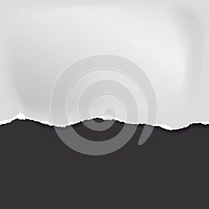 Piece of torn, ripped crumple white paper with soft shadow is on black background for text. Vector illustration