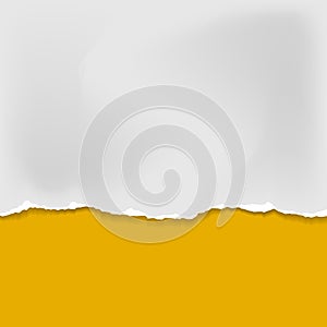 Piece of torn, ripped crumple white paper with soft shadow is on yellow background for text. Vector illustration