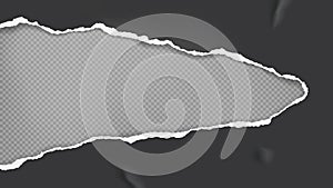 Piece of torn, ripped crumpled black paper with soft shadow is on grey transparent background for text. Vector