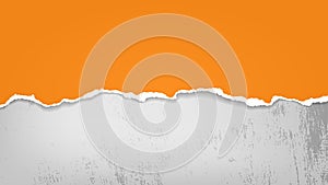 Piece of torn, ripped orange paper with soft shadow is on grey stained background for text. Vector illustration