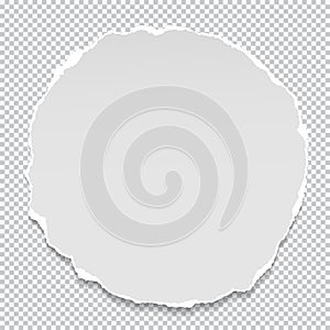 Piece of torn white circle note, notebook paper with soft shadow stuck on squared background. Vector illustration
