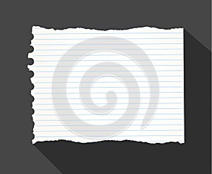 Piece of torn white lined notebook paper on black background