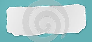 Piece of torn white note, notebook paper with soft shadow stuck on blue background. Vector illustration