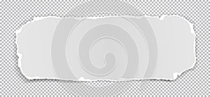 Piece of torn white note, notebook paper with soft shadow stuck on squared background. Vector illustration