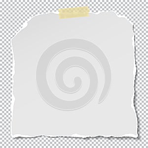 Piece of torn white note, notebook paper with soft shadow stuck with sticky tape on squared background. Vector