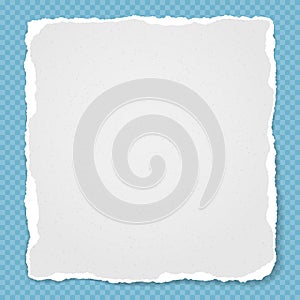 Piece of torn white note, notebook paper stuck on blue squared background. Vector illustration