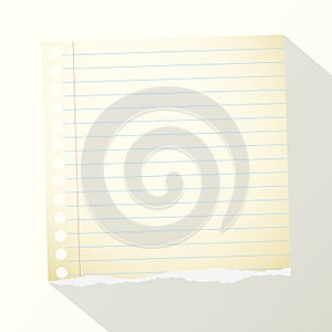 Piece of torn yellow lined notebook paper on light background