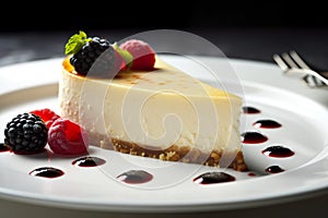A piece of Torta de Ricota, or Ricotta cheesecake. AI generative. photo