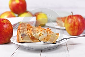 Piece of traditional European apple pie with topping crumbles called `Streusel`