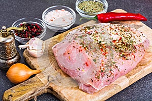 Piece of turkey fillet, marinated in spices, fresh vegetables for cooking