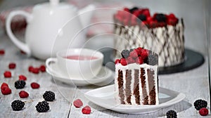 Piece of vertical roll cake with summer berries