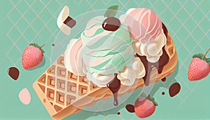 On a piece of waffle lies a few spoons of melting ice cream illustration. AI generative