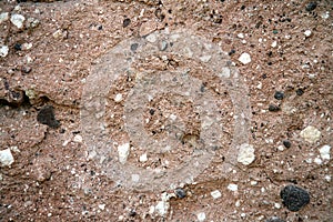 Piece of a wall with conglomerate of stones and sand.