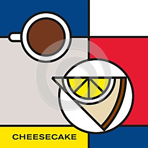 Piece of white chocolate lemon cheesecake on saucer with coffee cup. Modern style art with rectangular color blocks.
