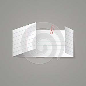 Piece of white lined paper sheet with folds attached with a clip . Vector background