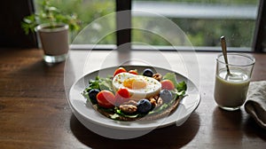 piece of whole-grain crispbread on clean plate, slices of fresh cucumber, cherry tomatoes, boiled egg, cheese, blueberries on a