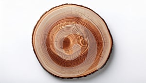 Piece of wood in cross section with texture pattern isolated on white background. Natural material