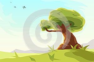 pieceful tree at sunny day cartoon style