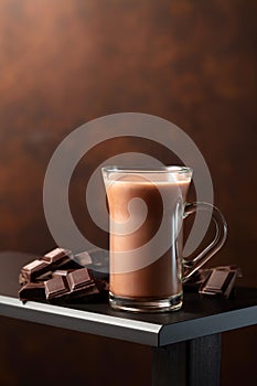 Pieces of bitter chocolate and glass of cocoa drink