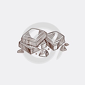 Pieces of black and white chocolate bar. Vector sketch isolated background.