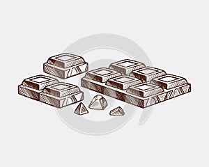 Pieces of black and white chocolate bar. Vector sketch isolated background.