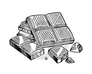 Pieces of black and white chocolate bar. Vector sketch isolated background.