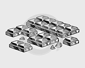 Pieces of black and white chocolate bar. Vector sketch isolated background. Large chunks - a whole bar of chocolate.