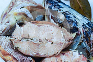 Pieces of boiled fish pike in a plate that look natural