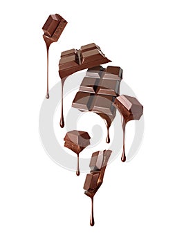 Pieces of broken chocolate bar with dripping drops isolated on a white background