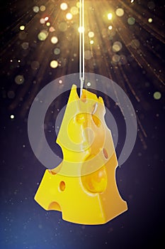 A pieces of cheese hanging on a hook. 3D Render