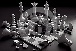 the pieces of chess being rearranged into new positions, with the board in complete disarray
