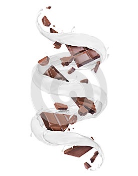 Pieces of chocolate bar with swirling milk splashes, isolated on a white background