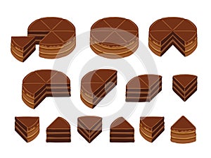 Pieces of chocolate cake. Infographic diagram set. The whole cake and its parts. Pie to separate. Isometric view vector