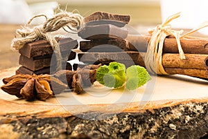 Pieces of chocolate, cinnamon, mint and star anise on the serving Board.