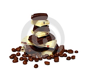 Pieces of chocolate and coffee beans