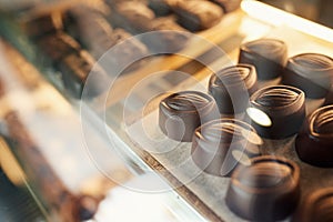 Pieces of chocolate sitting in a confectionary shop display case photo
