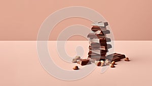 Pieces of chocolate on solid background, Generative AI