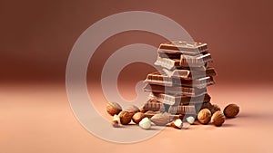 Pieces of chocolate on solid background, Generative AI