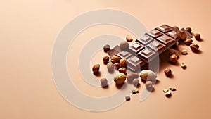 Pieces of chocolate on solid background, Generative AI